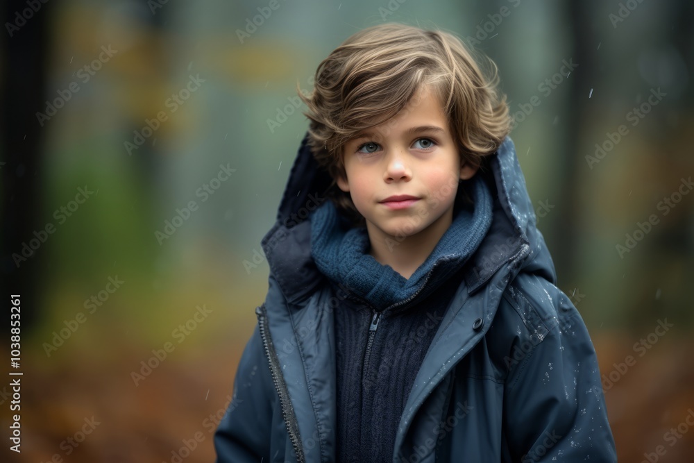 Portrait of a little boy in a raincoat in the forest Portrait of a little boy in a raincoat in the forest