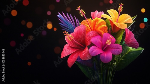  A colorful vase atop a black table, sprinkled with confetti and dotted confetti