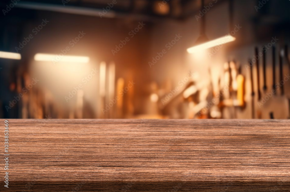 Blur craft workshop interior and empty wooden table top with space for products. Blur craft workshop interior and empty wooden table top with space for products.