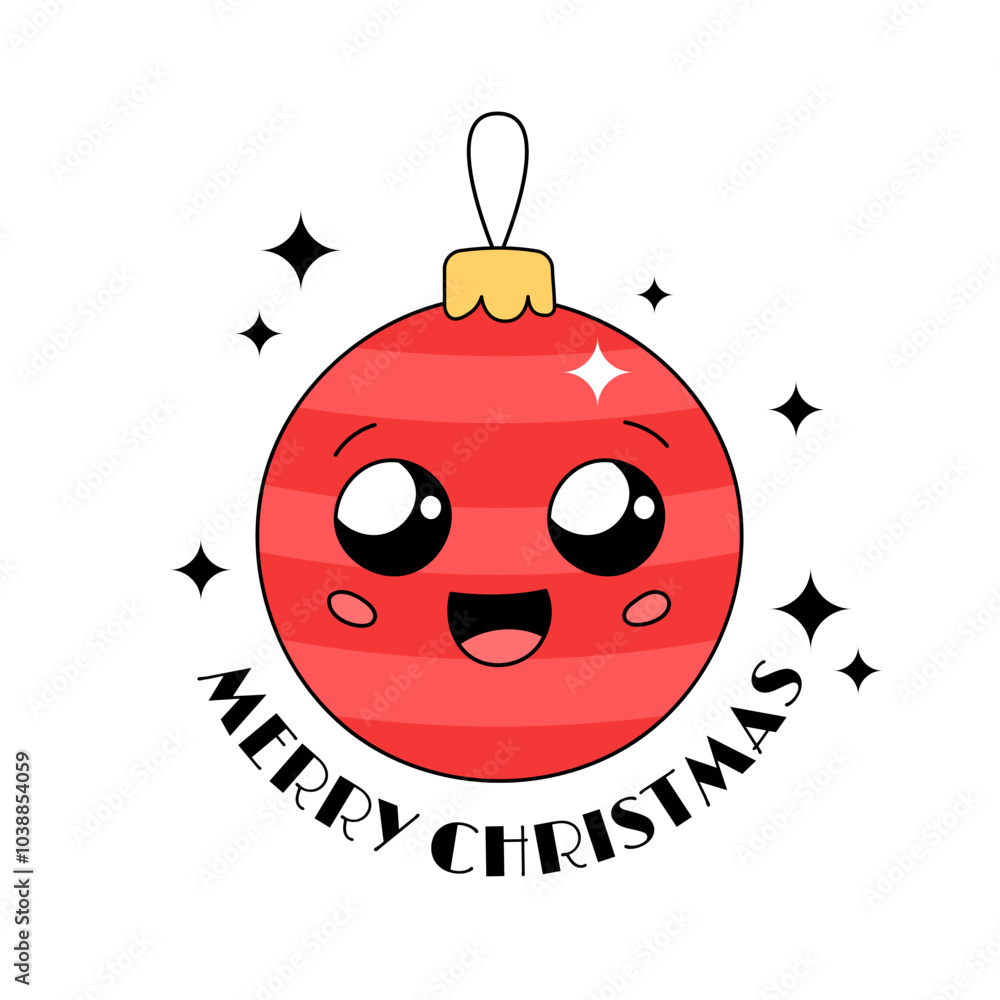 Merry Christmas vector illustration. Cute Xmas tree ornament with cheerful face and smile. Adorable bauble. Doodle Christmas decoration and text, happy character in groovy and kawaii styles Merry Christmas vector illustration. Cute Xmas tree ornament with cheerful face and smile. Adorable bauble. Doodle Christmas decoration and text, happy character in groovy and kawaii styles