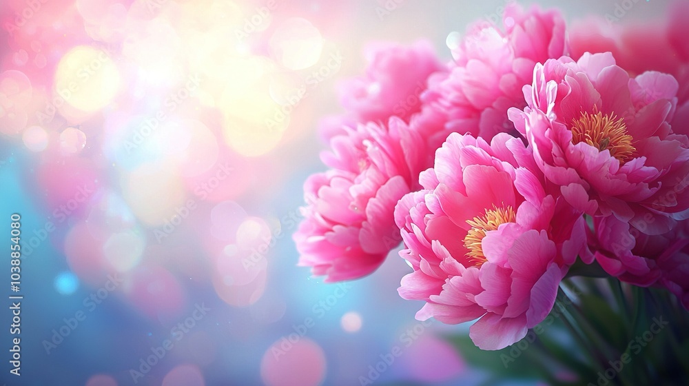 A tablecloth in shades of blue and pink with a bouquet of pink flowers placed on top A tablecloth in shades of blue and pink with a bouquet of pink flowers placed on top