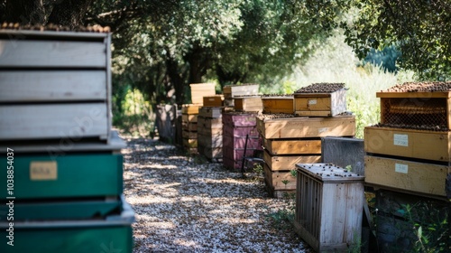 An organized beekeeping farm with beehives and beekeeping equipment, Beekeeping essentials and bee-friendly flora set up for honey production, Natural photo of photo