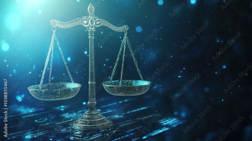 A balanced scale symbolizing justice against a digital background. A balanced scale symbolizing justice against a digital background.