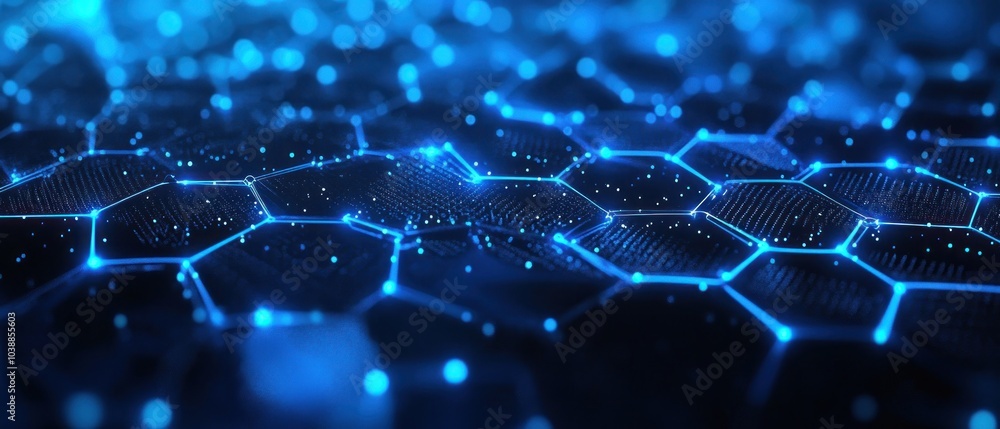 Obraz premium A digital representation of interconnected hexagonal patterns illuminated by blue light.