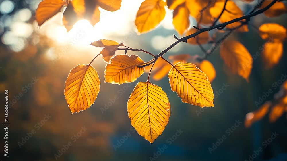 A calm autumn day, with vibrant yellow and orange leaves hanging from branches, sunlight softly piercing through the treetops. A calm autumn day, with vibrant yellow and orange leaves hanging from branches, sunlight softly piercing through the treetops.