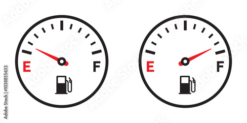 Vector icon of a fuel gauge showing empty and full levels, suitable for automotive, transportation, or energy-related designs.