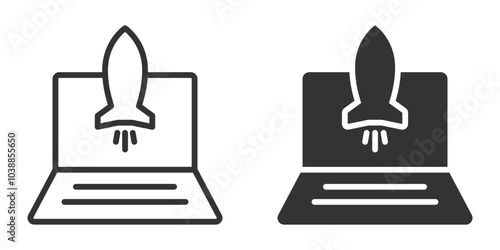 Vector icon of a rocket launching from a laptop screen, symbolizing startup, technology, or innovation in digital projects.