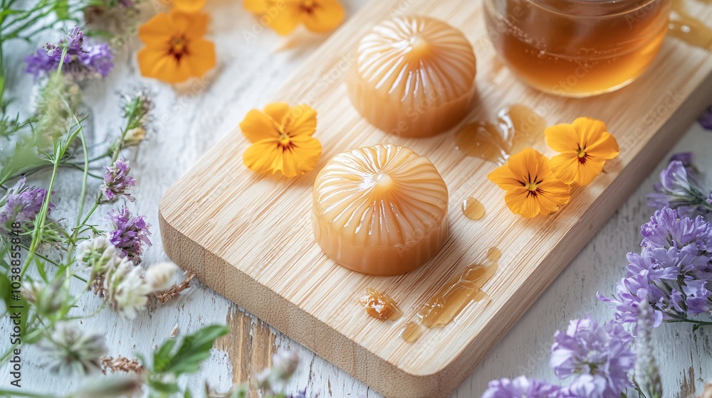 Mochi with a caramel swirl, placed on a light wooden board, surrounded by caramel sauce and decorative edible flowers Mochi with a caramel swirl, placed on a light wooden board, surrounded by caramel sauce and decorative edible flowers