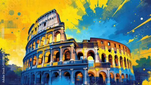 Ancient arena reimagined in bold color composition