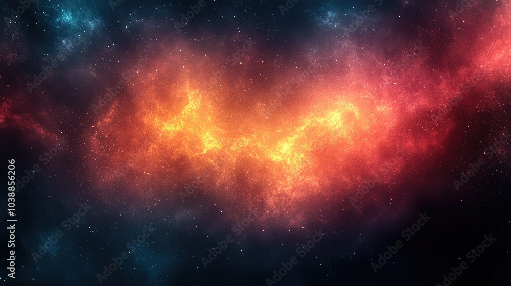 The bright orange glow of a nebula cloud contrasts with the dark blue and black starry night sky The bright orange glow of a nebula cloud contrasts with the dark blue and black starry night sky