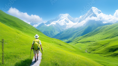 A hiker explores a lush green valley with majestic mountains under a clear blue sky at midday