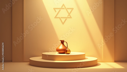 Flat podium design features star of David and oil jugs with ample copy space suitable for Hanukkah visuals.