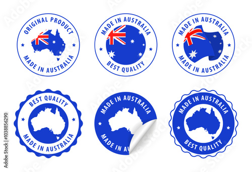 Australia - set of stamps and stickers with map and flag. Best quality. Original product. Vector illustration.