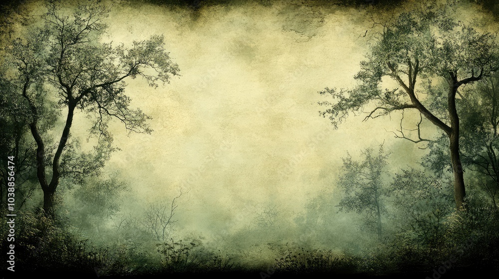 Barely visible tree silhouettes in a foggy, eerie forest Barely visible tree silhouettes in a foggy, eerie forest