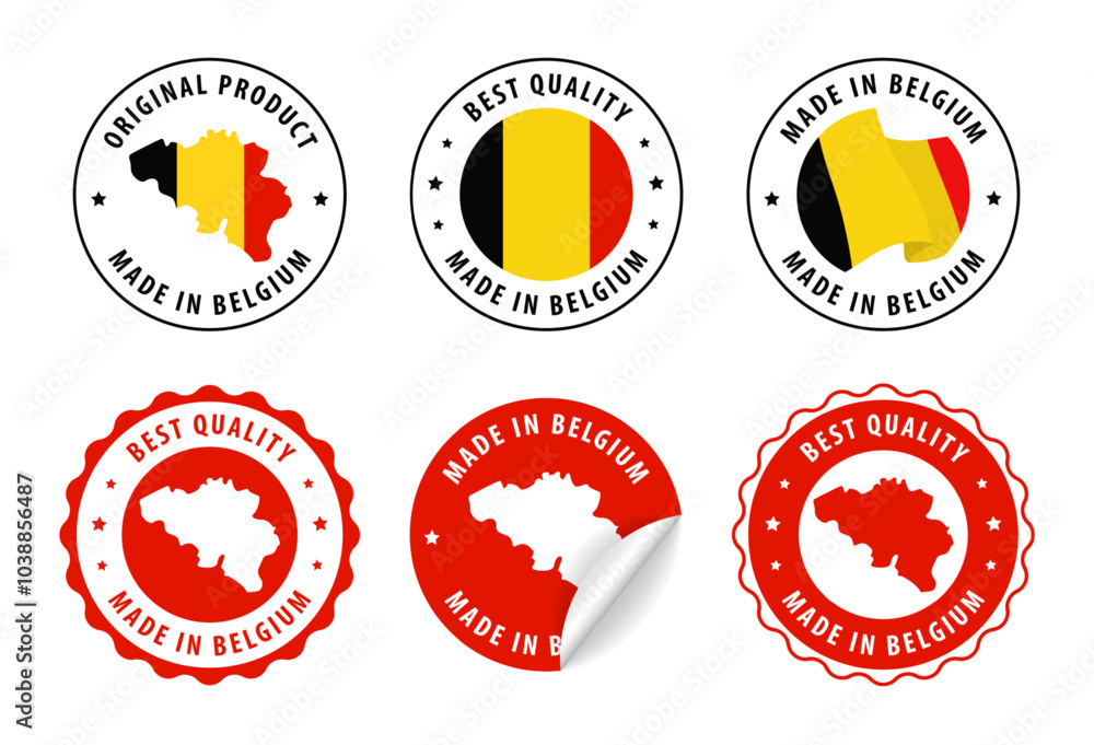 Belgium - set of stamps and stickers with map and flag. Best quality. Original product. Vector illustration. Belgium - set of stamps and stickers with map and flag. Best quality. Original product. Vector illustration.