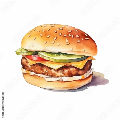 Cute Watercolour of A burger isolated on the white background