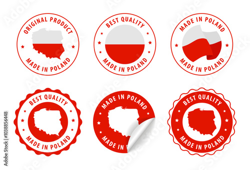 Poland - set of stamps and stickers with map and flag. Best quality. Original product. Vector illustration.