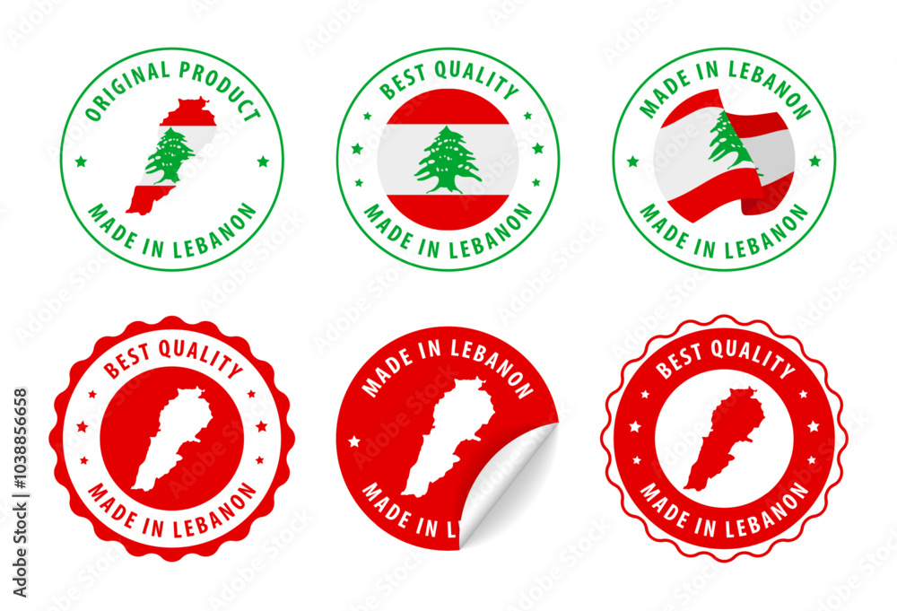 Lebanon - set of stamps and stickers with map and flag. Best quality. Original product. Vector illustration. Lebanon - set of stamps and stickers with map and flag. Best quality. Original product. Vector illustration.