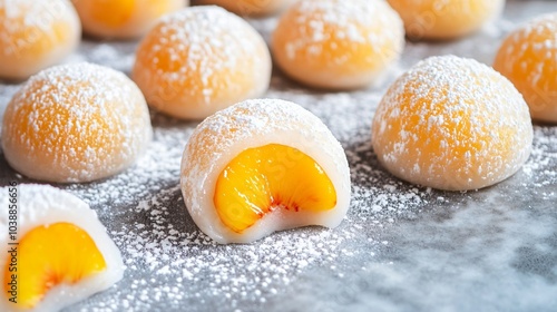 Peach mochi on a gray marble background, decorated with tiny peach slices and powdered sugar