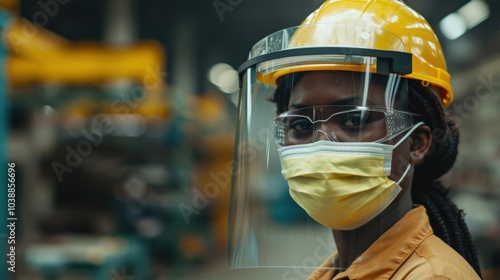 Industrial Worker in Full Safety Gear with Mask and Face Shield