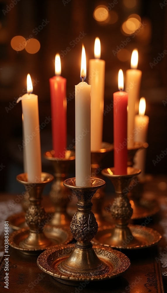 Set of Orthodox candles lit in ornate golden holders, creating a warm ambiance Set of Orthodox candles lit in ornate golden holders, creating a warm ambiance