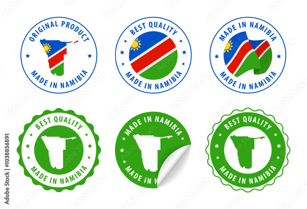 Namibia - set of stamps and stickers with map and flag. Best quality. Original product. Vector illustration. Namibia - set of stamps and stickers with map and flag. Best quality. Original product. Vector illustration.