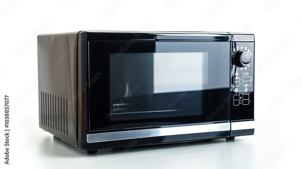 Fototapeta premium Minimalistic microwave oven in black and silver isolated on white background
