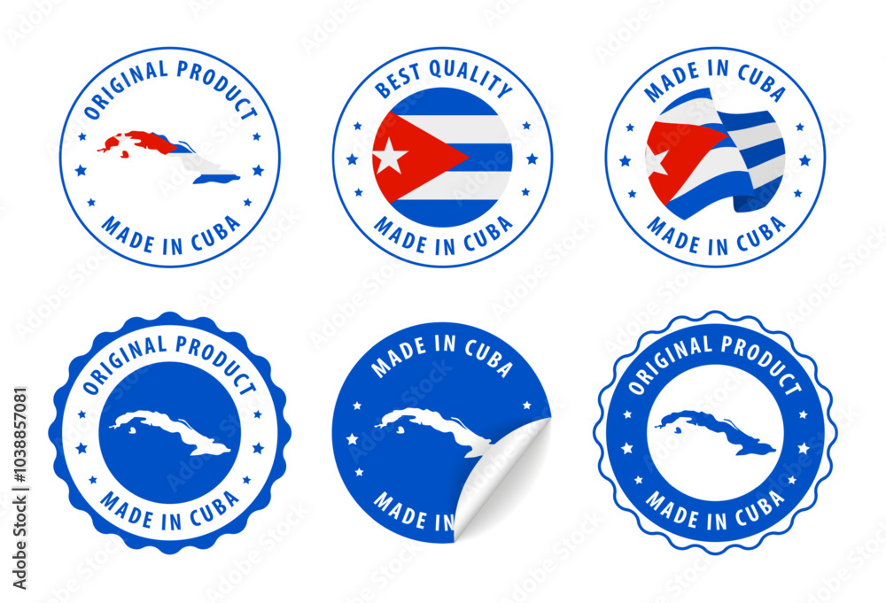Cuba - set of stamps and stickers with map and flag. Best quality. Original product. Vector illustration. Cuba - set of stamps and stickers with map and flag. Best quality. Original product. Vector illustration.