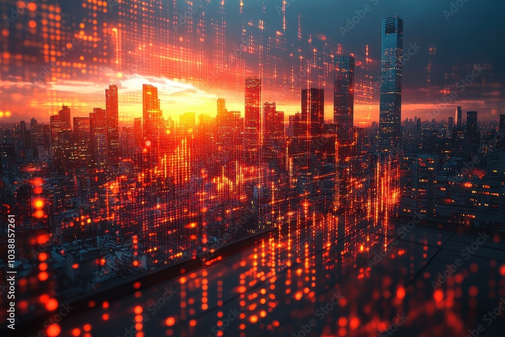 Fototapeta premium Stunning sunset over a city skyline with digital data patterns reflecting innovation and technology
