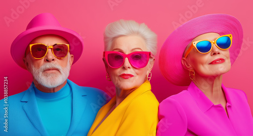 Three stylish individuals with vibrant sunglasses and hats posing against a bright pink background