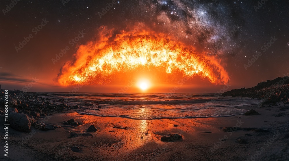 A breathtaking view reveals a massive explosion lighting up the night sky A breathtaking view reveals a massive explosion lighting up the night sky