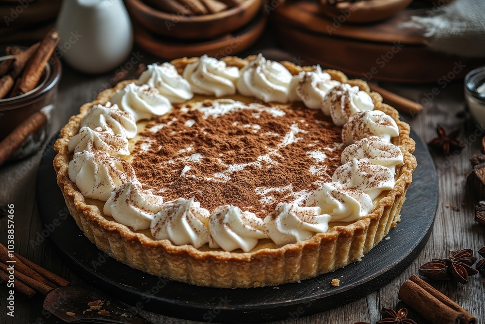 Dessert pie topped with cream and spice Dessert pie topped with cream and spice