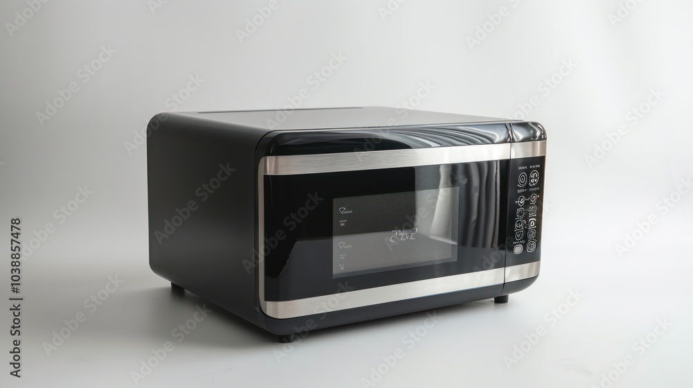 Minimalistic microwave oven in black and silver isolated on white background Minimalistic microwave oven in black and silver isolated on white background
