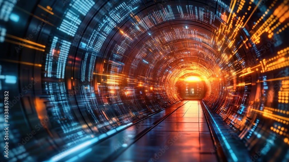 A futuristic tunnel with dynamic lights and a glowing exit, suggesting advanced technology. A futuristic tunnel with dynamic lights and a glowing exit, suggesting advanced technology.