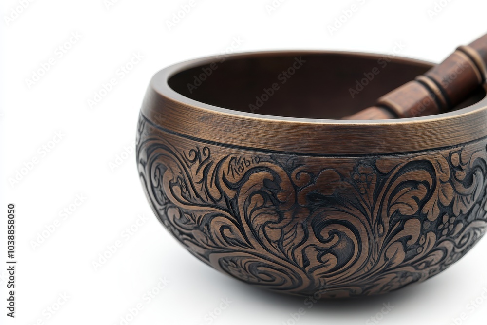 Detailed image of a handcrafted Tibetan singing bowl for sound therapy set against a white background with a clipping path Detailed image of a handcrafted Tibetan singing bowl for sound therapy set against a white background with a clipping path
