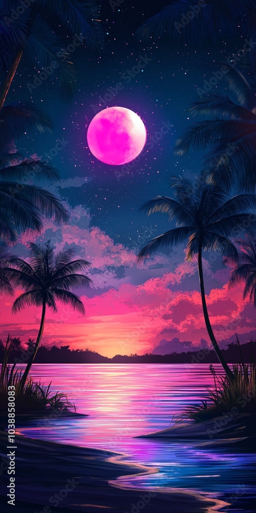 A beautiful painting of a tropical beach with a pink moon in the sky. The painting has a calming and serene mood, with the water and palm trees creating a peaceful atmosphere A beautiful painting of a tropical beach with a pink moon in the sky. The painting has a calming and serene mood, with the water and palm trees creating a peaceful atmosphere