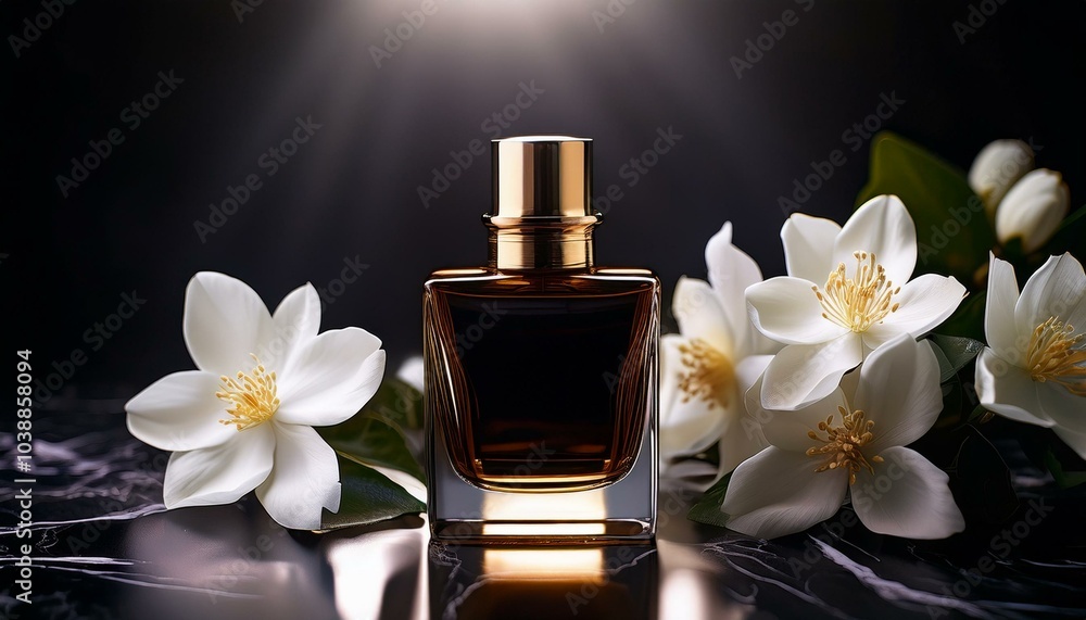 Floral perfume bottle on marble Floral perfume bottle on marble