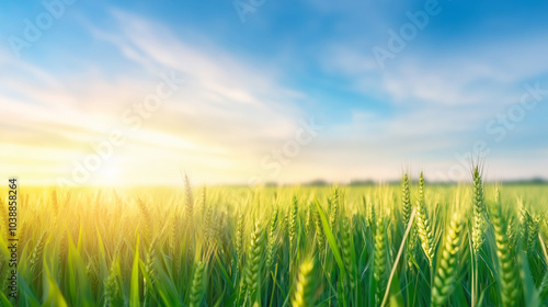 Lush green wheat field at sunrise under a clear blue sky