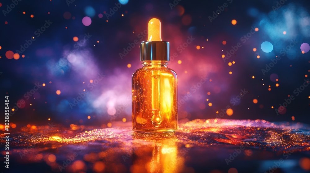 A vibrant dropper bottle filled with golden serum A vibrant dropper bottle filled with golden serum