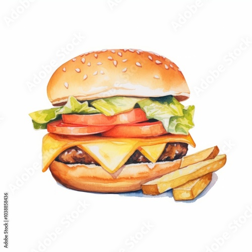 Cute Watercolour of A burger isolated on the white background