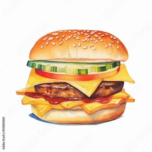 Cute Watercolour of A burger isolated on the white background