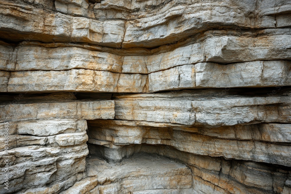 Detailed perspective of stratified limestone quarry rocks featuring natural textures Detailed perspective of stratified limestone quarry rocks featuring natural textures