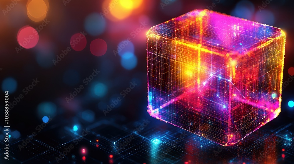Intricate, glowing cube with translucent colors hovers over a dark, circuit board like surface against a blurred bokeh background Intricate, glowing cube with translucent colors hovers over a dark, circuit board like surface against a blurred bokeh background
