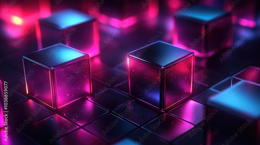 Glowing cubes transferring data against a circuit board backdrop with a shallow depth of field Glowing cubes transferring data against a circuit board backdrop with a shallow depth of field