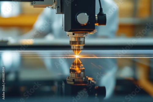 Detailed shot of contemporary laser engraving machinery in a factory working on glass with an indistinct worker behind empty area for text