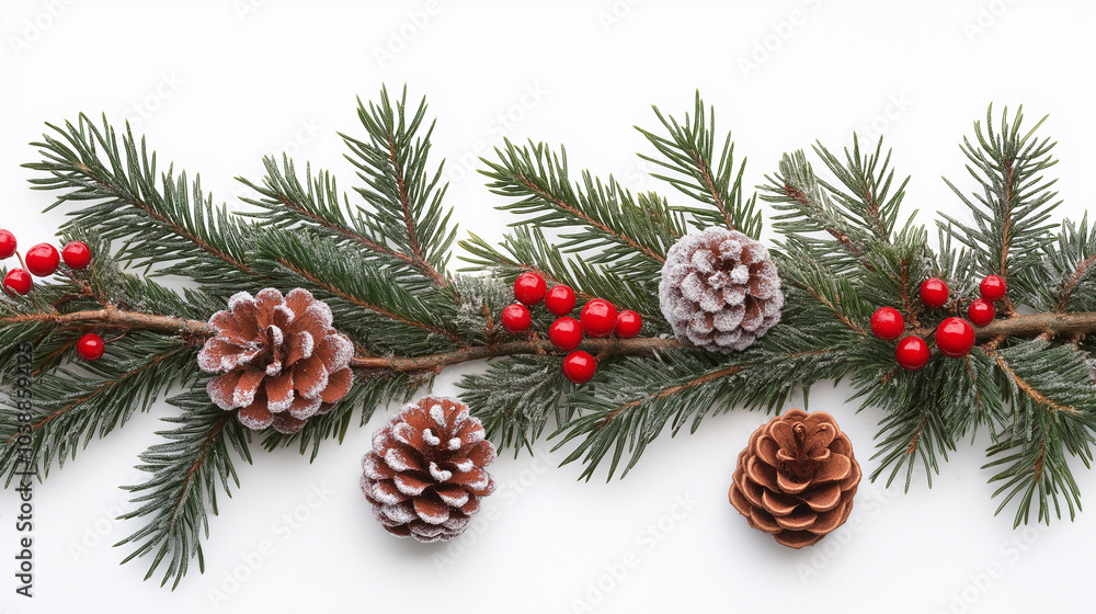 A white background with a row of pine trees and red berries A white background with a row of pine trees and red berries