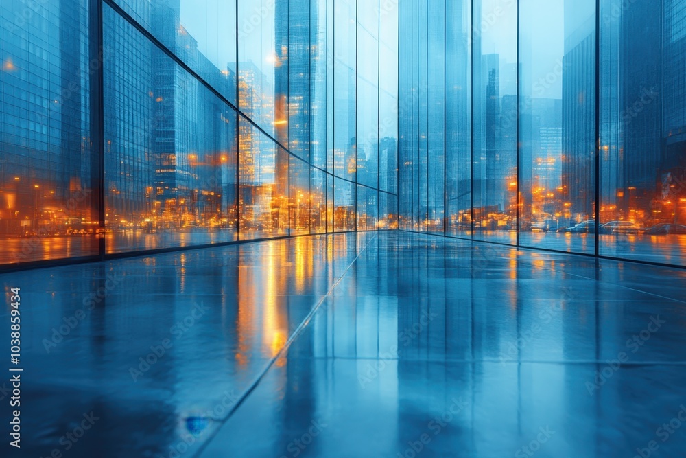 Obraz premium A rainy evening in the city showcasing reflective glass buildings and vibrant urban lights