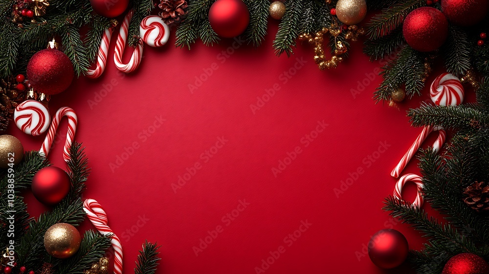 Christmas background with candy canes, pine branches, and decorations in a red background with a Christmas tree and candy cane decorations. Mockup template for an advertising card, web poster, flyer. Christmas background with candy canes, pine branches, and decorations in a red background with a Christmas tree and candy cane decorations. Mockup template for an advertising card, web poster, flyer.
