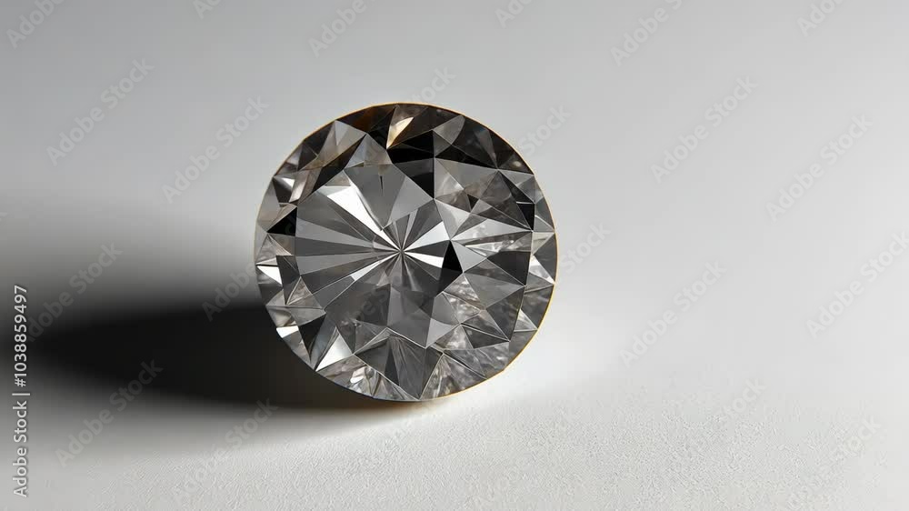A large, clear diamond sits on a white surface, casting a shadow A large, clear diamond sits on a white surface, casting a shadow