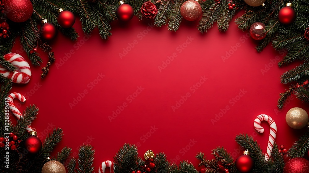 Christmas background with candy canes, pine branches, and decorations in a red background with a Christmas tree and candy cane decorations. Mockup template for an advertising card, web poster, flyer. Christmas background with candy canes, pine branches, and decorations in a red background with a Christmas tree and candy cane decorations. Mockup template for an advertising card, web poster, flyer.